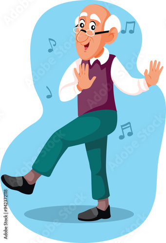 Cheerful Senior Grandpa Dancing with Energy Vector Cartoon Illustration. Enthusiastic grandpa moving with energy and happily 
