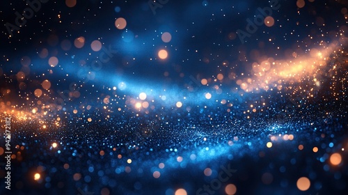 An abstract blue background with defocused, shimmering lights and blurred circular shapes.