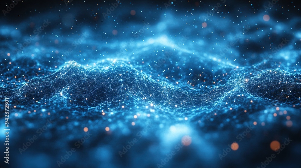 An intricate blue digital network grid is depicted in an abstract background. An intricate blue digital network grid is depicted in an abstract background.