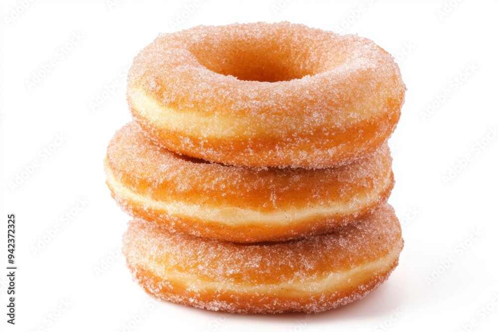 Freshly made sugar-coated donuts stacked on a white background Freshly made sugar-coated donuts stacked on a white background