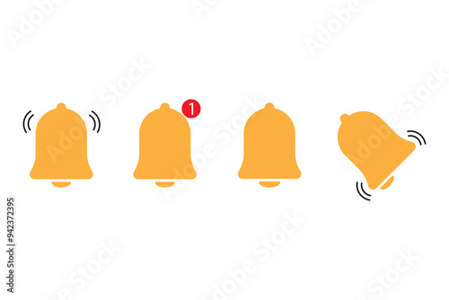 Notification bell icons. Yellow bell illustration. One red alert number. Four different states.