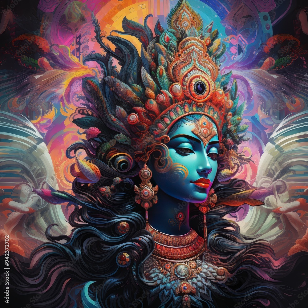 A vibrant, mystical portrait of a goddess with elaborate headdress and colorful background. A vibrant, mystical portrait of a goddess with elaborate headdress and colorful background.
