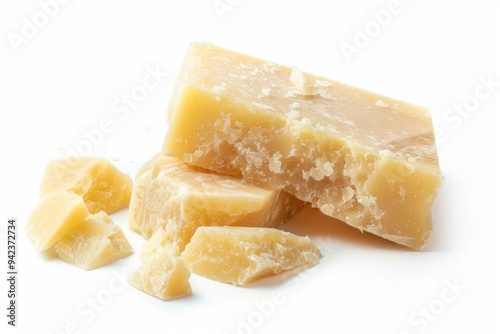 Freshly cut yellow cheese blocks and pieces on a white background