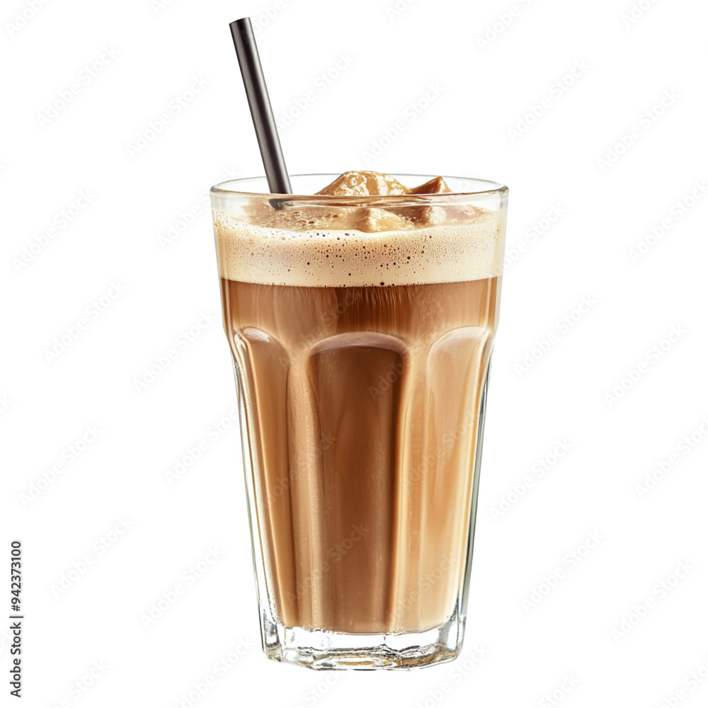Cold-brew coffee with almond milk in a glass tumbler, with a straw, isolated on white background Cold-brew coffee with almond milk in a glass tumbler, with a straw, isolated on white background