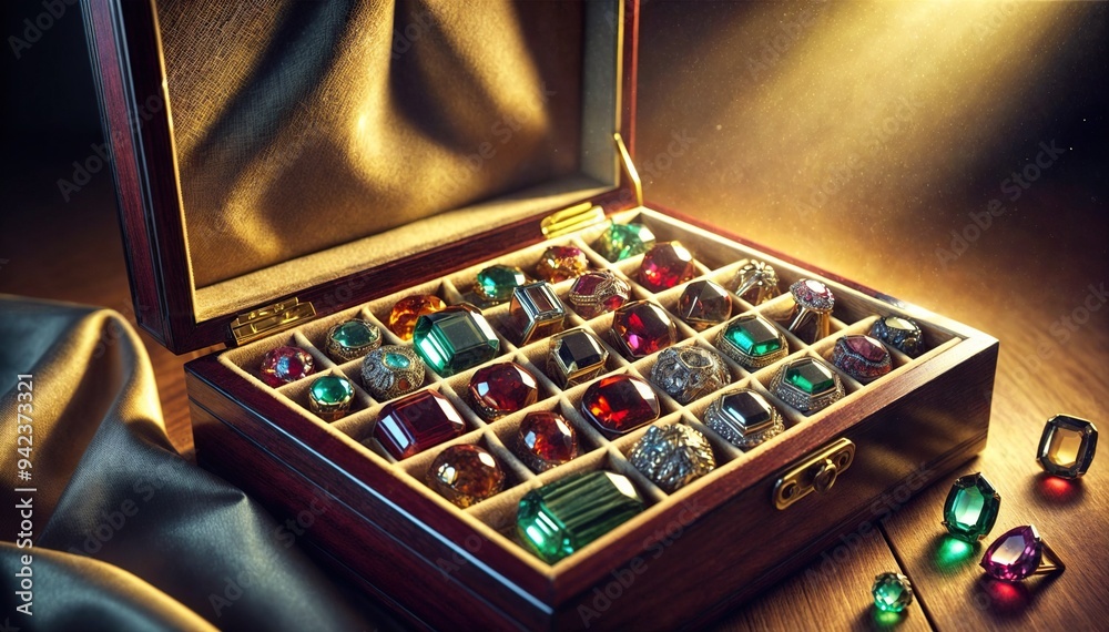 Open wooden box showcasing a collection of colorful and radiant gemstones in velvet Open wooden box showcasing a collection of colorful and radiant gemstones in velvet