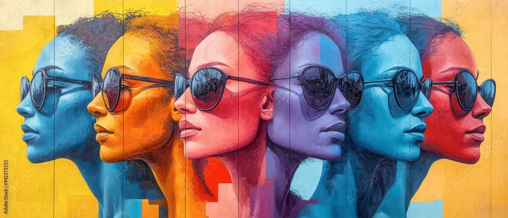 Naklejka premium Vibrant mural showcasing colorful portraits of a woman wearing sunglasses