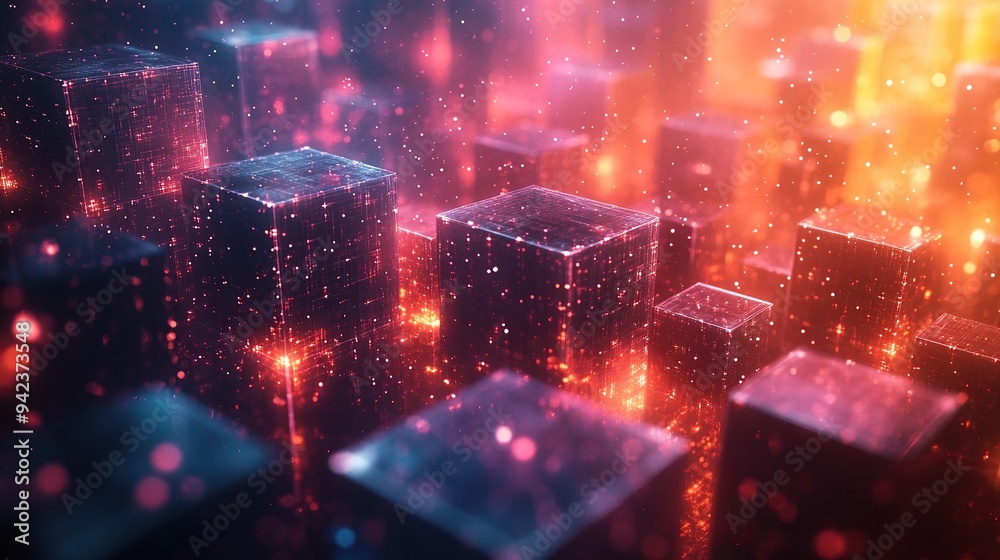Abstract digital cubes glow dynamically in colorful light. Abstract digital cubes glow dynamically in colorful light.