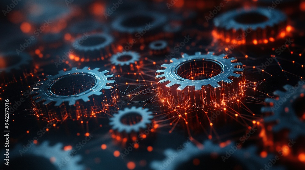 Intricate network connections intertwine with abstract digital gears.