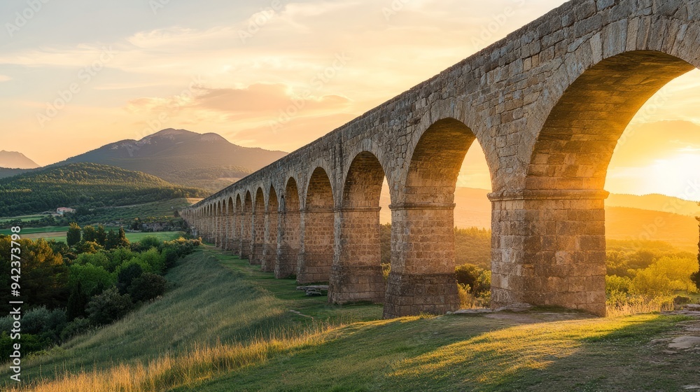 Fototapeta premium A photo of an ancient stone aqueduct rolling hills in the background, dawn