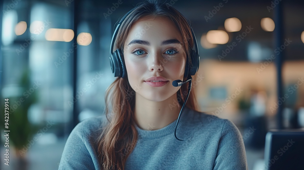 Focused female customer service representative with headset in a modern office setting Focused female customer service representative with headset in a modern office setting