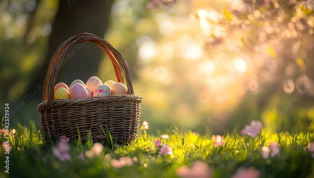 A charming basket filled with colorful Easter eggs nestled in a serene spring garden, illuminated by soft sunlight. A charming basket filled with colorful Easter eggs nestled in a serene spring garden, illuminated by soft sunlight.