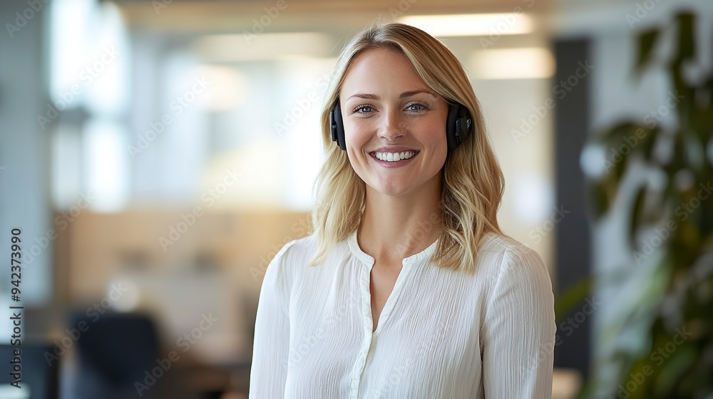 professional portrait of smiling blonde woman in white blouse wearing headset bright modern office setting conveying customer service and workplace positivity professional portrait of smiling blonde woman in white blouse wearing headset bright modern office setting conveying customer service and workplace positivity