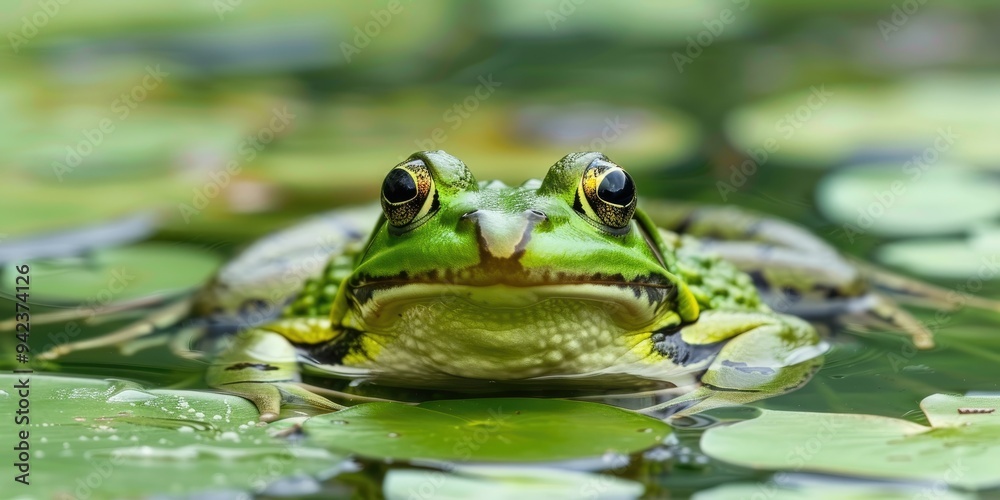 Green Frog Relaxing in the Warm Waters of a Pond Green Frog Relaxing in the Warm Waters of a Pond