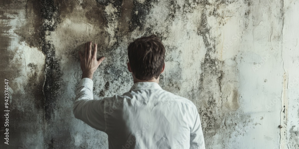 Obraz premium A man dressed in a white shirt gently touches a moldy wall, which stands as a powerful symbol representing his ongoing struggle against the decay that surrounds him as well as within himself