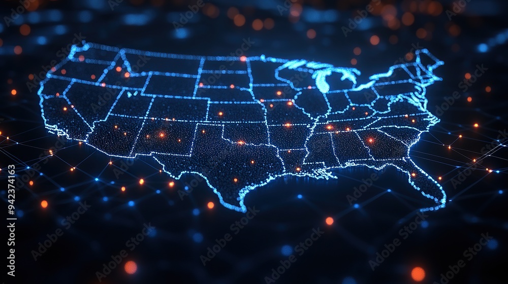 An abstract digital map of the USA emphasizes connectivity and technology. An abstract digital map of the USA emphasizes connectivity and technology.