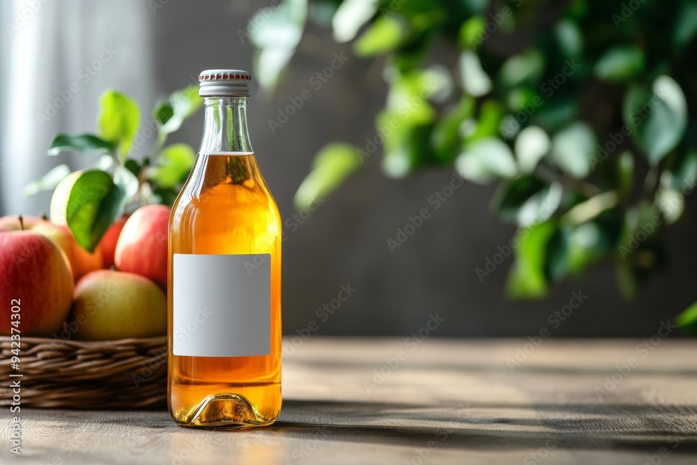 A bottle of golden cider beside fresh apples and greenery, capturing the essence