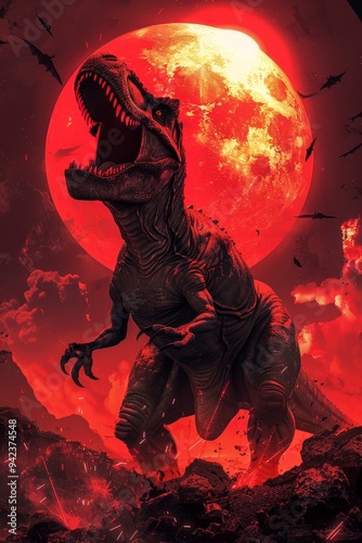 Tyrannosaurus Rex with twisted horns is unleashed under a glowing red sun, its horrific roar depicted in vivid anime style.