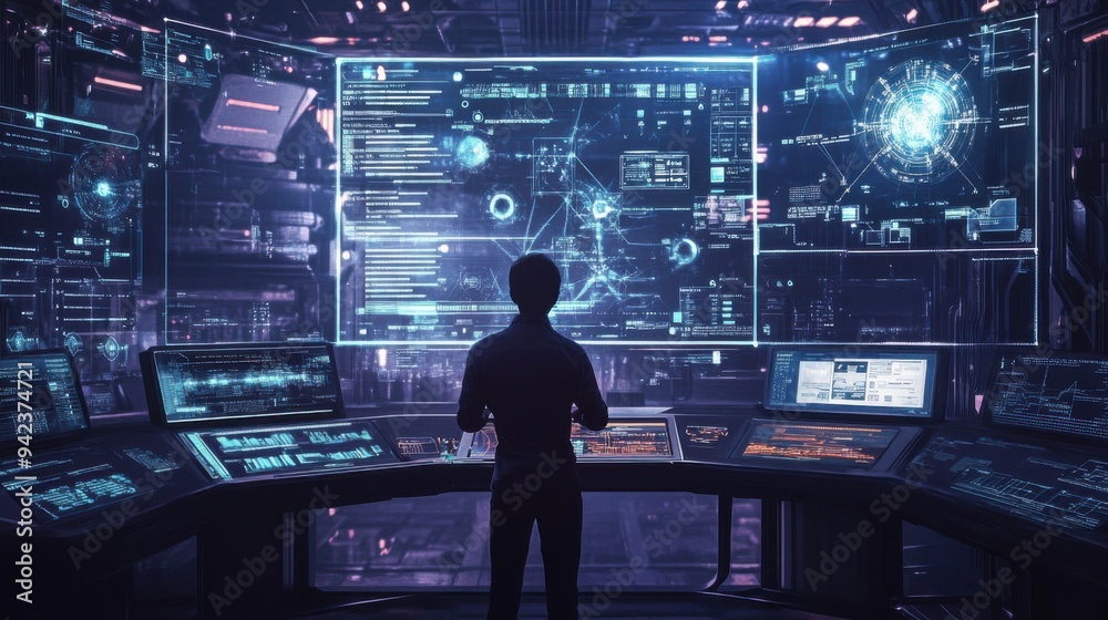 A high-tech user interface for controlling a quantum computer, with holographic displays and touch panels A high-tech user interface for controlling a quantum computer, with holographic displays and touch panels