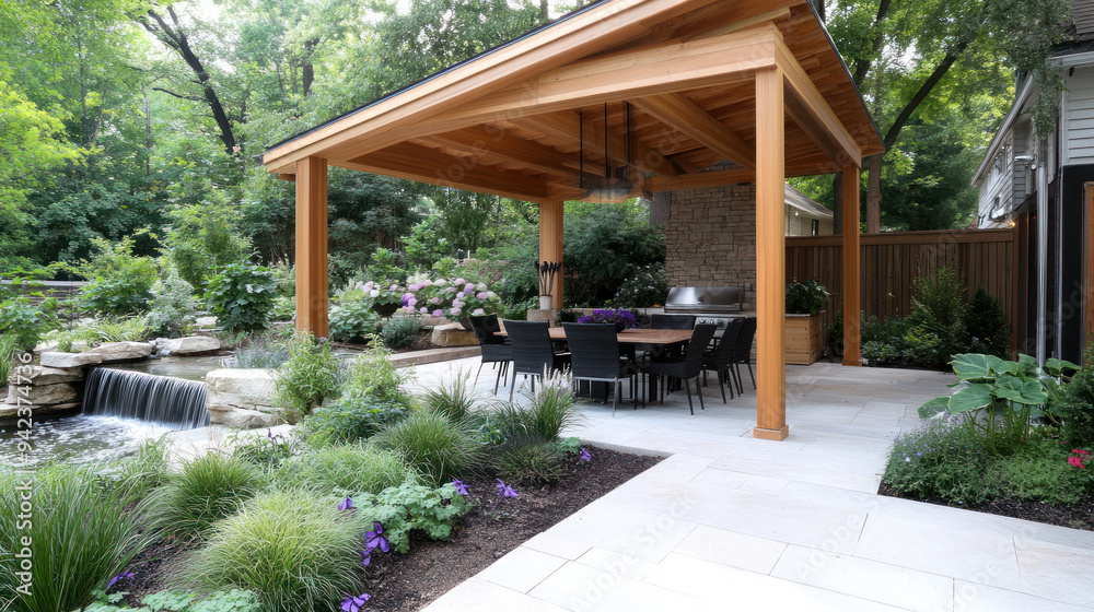 Outdoor pergola in the backyard garden by river waterfall Outdoor pergola in the backyard garden by river waterfall