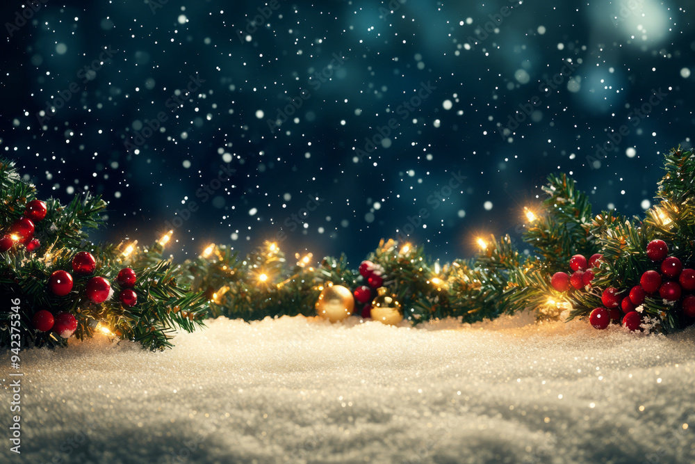 © Diffin - Red and gold Christmas ornaments in snow with falling snowflakes. Ideal for holiday greeting cards.