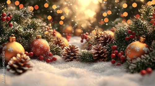 Christmas decorations with pine branches and lights on a snowy surface. Great for festive backgrounds.