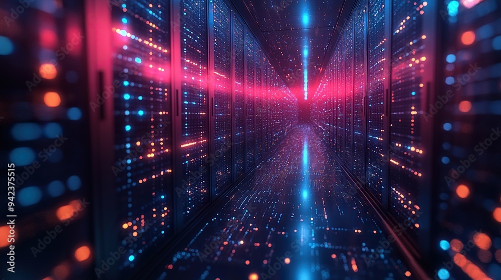 Obraz premium Advanced technology and connectivity are emphasized in an abstract futuristic digital network and data servers.