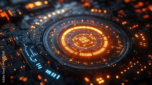 A high-tech ambiance is created by glowing orange and blue lights in an abstract futuristic interface.