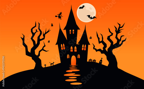 Horizontal Halloween background. Haunted house, bats, graves, witch, moon. Banners, covers, printing. Vector illustration