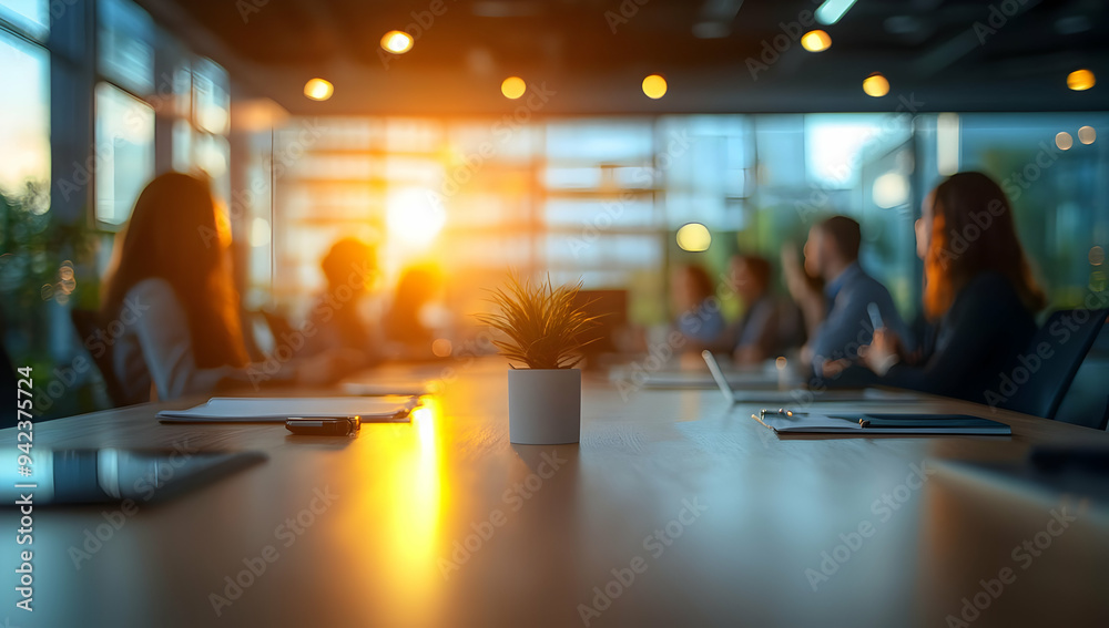 A modern meeting room illuminated by warm sunlight, featuring a green plant and people engaged in discussion around a table. A modern meeting room illuminated by warm sunlight, featuring a green plant and people engaged in discussion around a table.