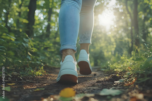 A person walks on a forest path, showcasing casual footwear and enjoying nature's tranquility during bright sunlight.