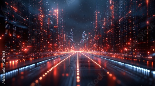 High-speed global data transfer and a quantum computing system are featured in a futuristic tech city at night.