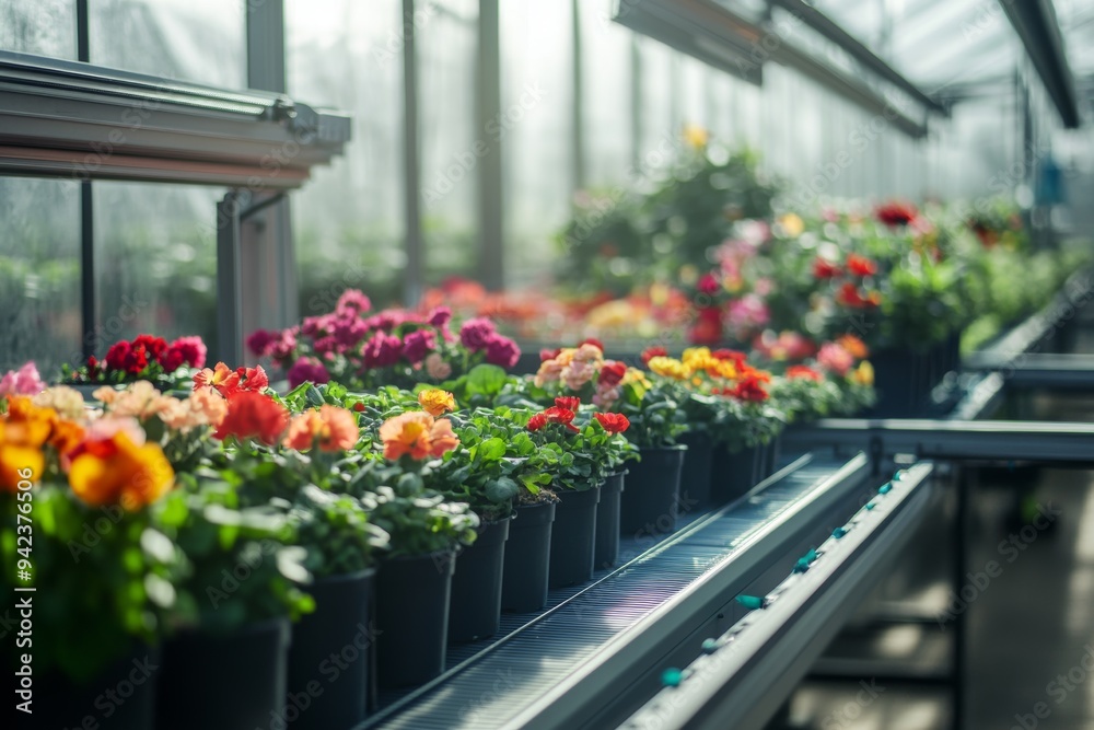 Fototapeta premium A vibrant greenhouse filled with blooming flowers during daylight, showcasing a variety of colors and shapes in neatly arranged pots. Generative AI