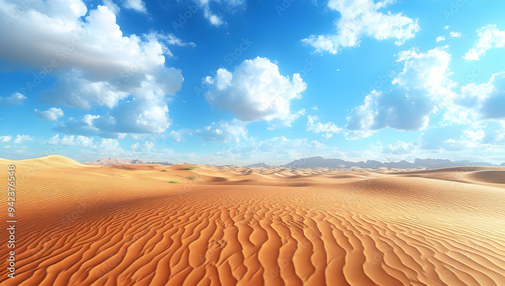 Naklejka premium A serene desert landscape with rolling sand dunes under a bright blue sky adorned with fluffy white clouds.