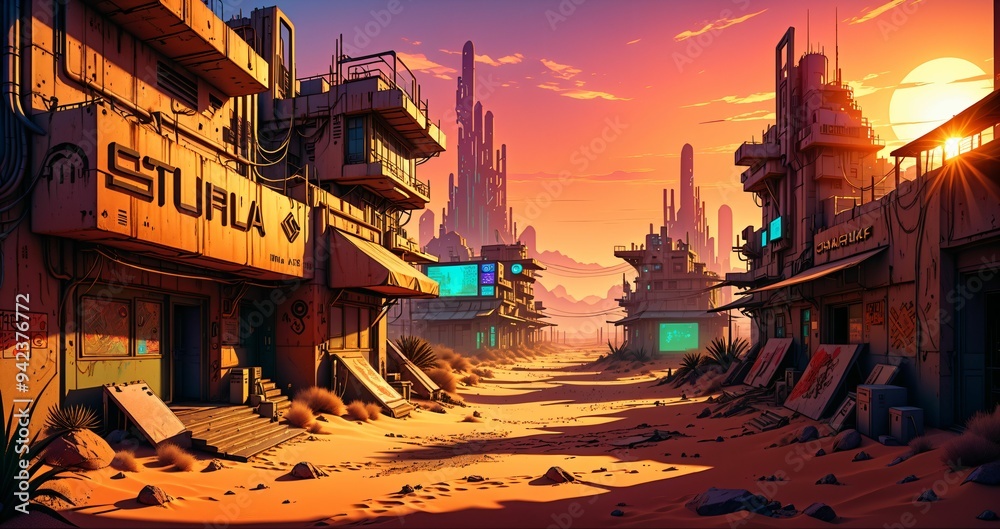 Naklejka premium cyberpunk town city wasteland in the desert at sunset. futuristic dystopian sci fi buildings in oasis sahara ghetto slum outpost with sandy road canyon rocks in horizon.