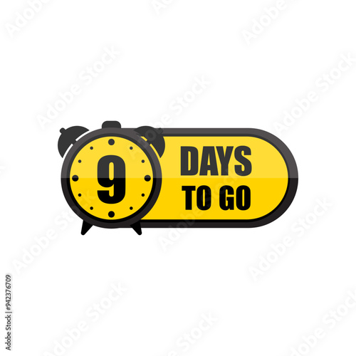 Countdown timer illustration. Number nine focus. Bold 9 days to go text. Yellow and black colors.