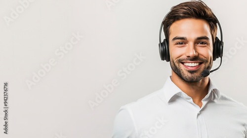 Confident corporate representative wearing a headset against a crisp white background, exuding professionalism and approachability for effective customer service and support interactions.