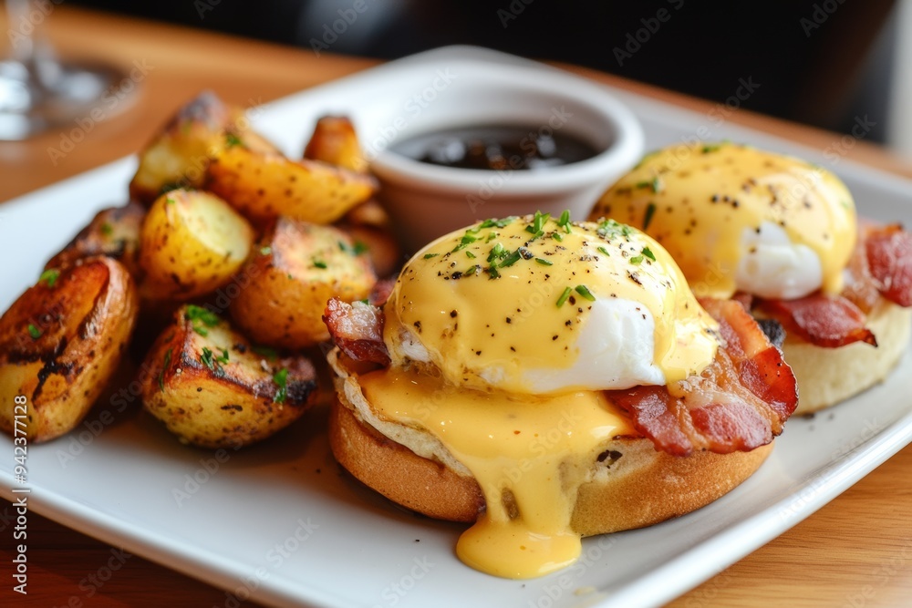 Delicious eggs benedict with bacon and roasted potatoes served at a cozy brunch spot on a sunny morning. Generative AI Delicious eggs benedict with bacon and roasted potatoes served at a cozy brunch spot on a sunny morning. Generative AI