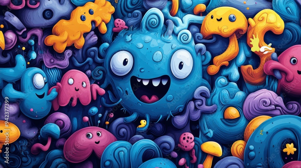 Colorful Cartoon Monsters and Shapes Abstract Background Colorful Cartoon Monsters and Shapes Abstract Background