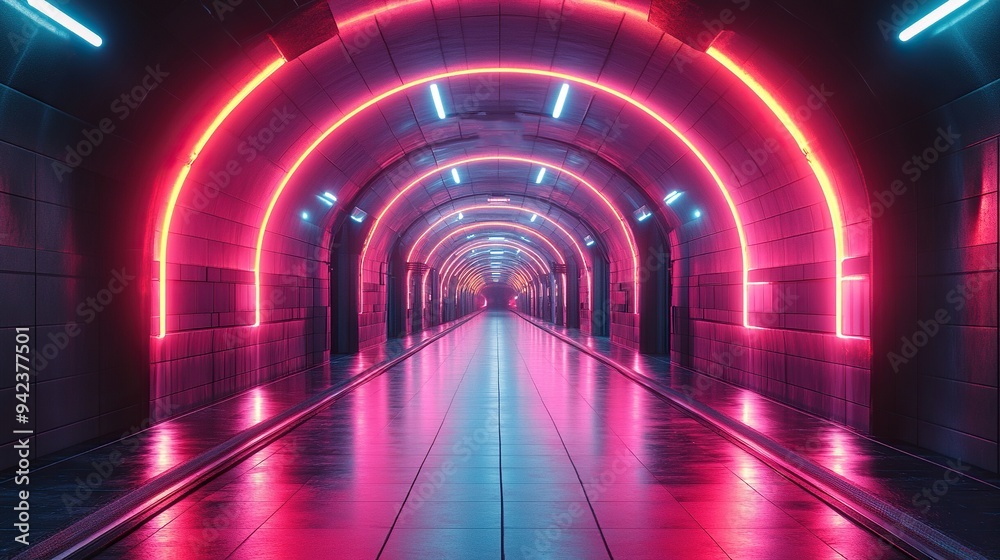 A futuristic and illuminated design is showcased in an abstract neon grid tunnel. A futuristic and illuminated design is showcased in an abstract neon grid tunnel.