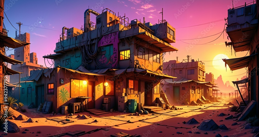 custom made wallpaper toronto digitalcyberpunk town city wasteland in the desert at sunset. futuristic dystopian sci fi buildings in oasis sahara ghetto slum outpost with sandy road canyon rocks in horizon.