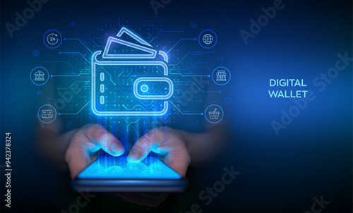 Digital wallet. E-wallet. Businessman hand using smartphone for online payment by digital wallet. Mobile banking, money transaction, e-commerce banner. Circuit board background. Vector Illustration.