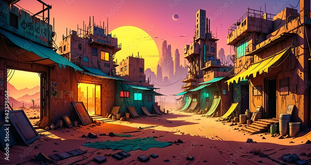 Naklejka premium cyberpunk town city wasteland in the desert at sunset. futuristic dystopian sci fi buildings in oasis sahara ghetto slum outpost with sandy road canyon rocks in horizon.
