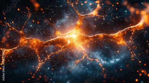 An explosive burst of artificial intelligence and digital neurons illustrates the impact of excessive technology use in an abstract representation of a quantum computing system.