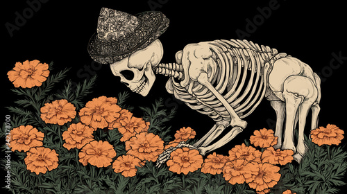 Skeleton in a sombrero, bending over to smell orange marigolds in a dark, Day of the Dead-themed illustration