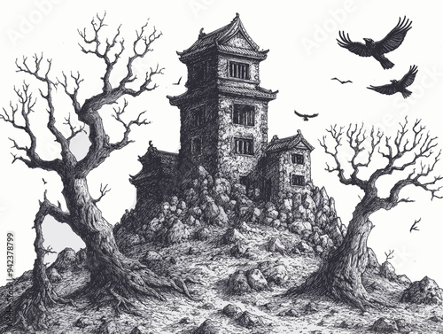 Intricate black and white drawing of a haunted castle on a hilltop surrounded by barren trees and flying crows, exuding gothic horror