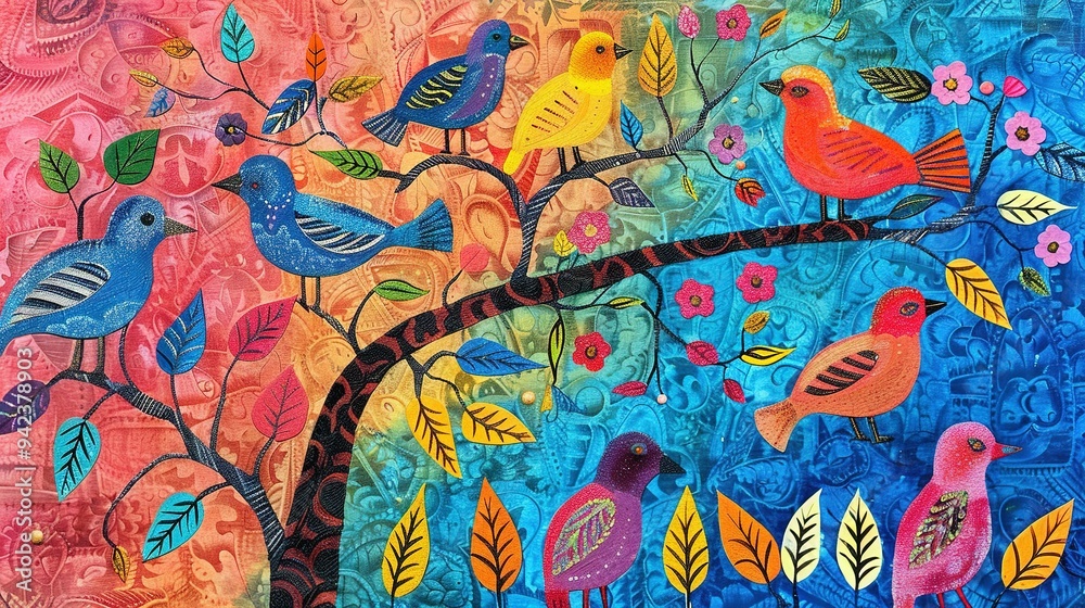 Colorful Birds and Flowers on a Tree Branch with a Textured Background