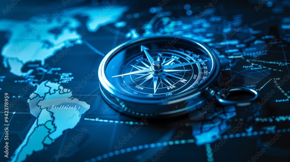 Compass on world map and with business concept background generative ai Compass on world map and with business concept background generative ai