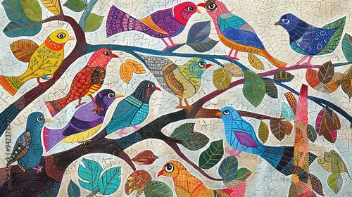 Colorful Birds and Leaves on a Cracked White Background