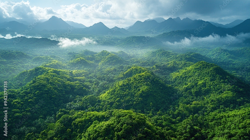 Obraz premium Lush green foliage enhances the mountain range in this aerial view.