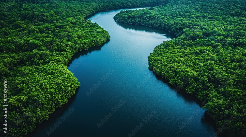 An aerial shot reveals a tranquil river winding through a verdant valley. An aerial shot reveals a tranquil river winding through a verdant valley.